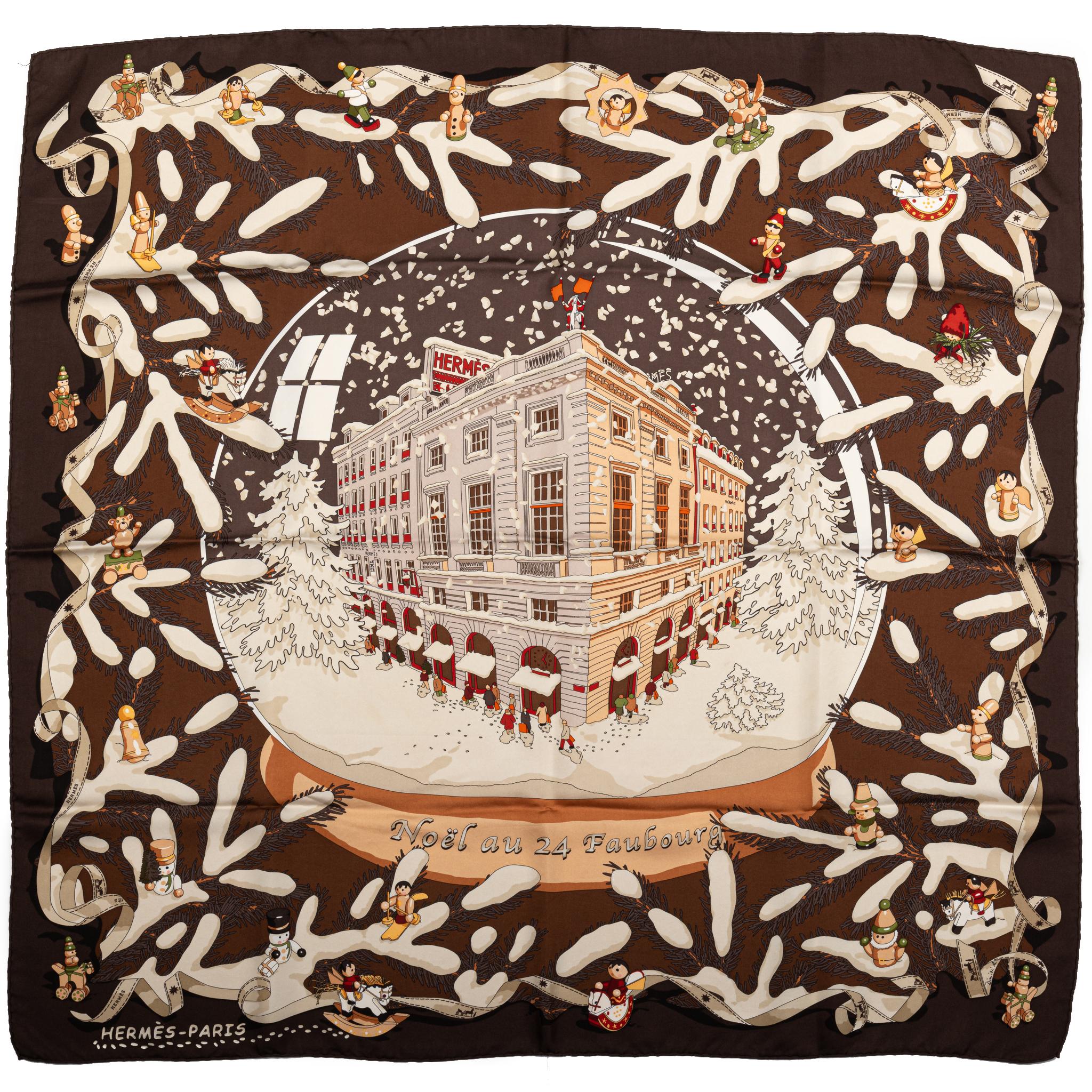 Brown Hermès Rare Noel Au Faubourg Silk Scarf