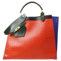 Hermes Rare Red Green Ostrich Crocodile Suede Exotic Top Handle Travel Tote Bag