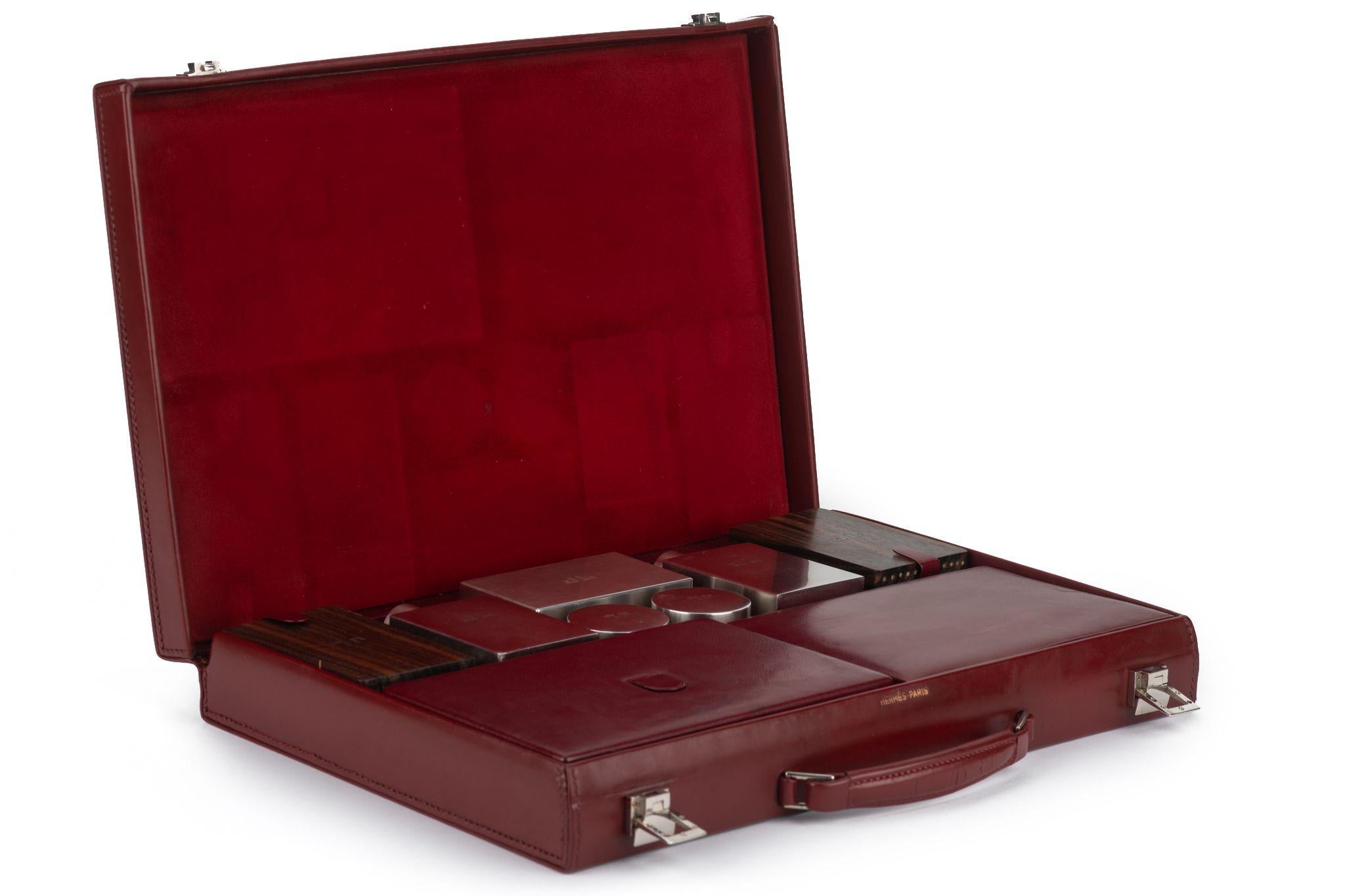Hermes 1960’s rare and collectible men toiletry case. Rouge H box calf leather and palladium hardware. Excellent condition with all interior parts in place. JJ initials on the outer top have been removed, still present inside.