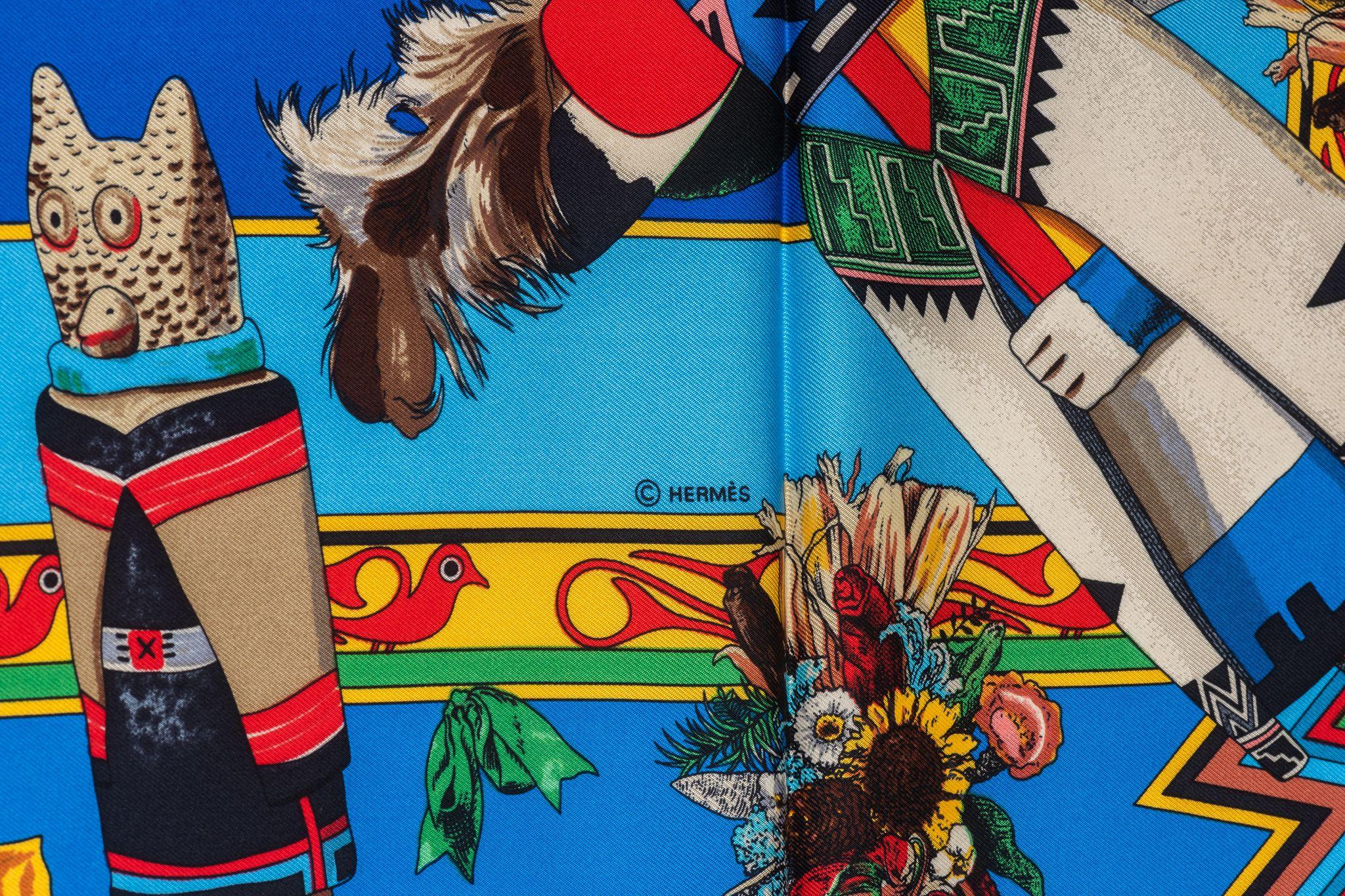 Hermes Rare Turquoise Kachinas Scarf In Excellent Condition For Sale In West Hollywood, CA