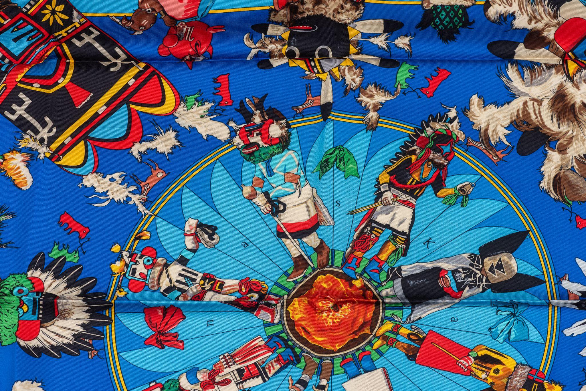 Hermes Rare Turquoise Kachinas Scarf For Sale 1