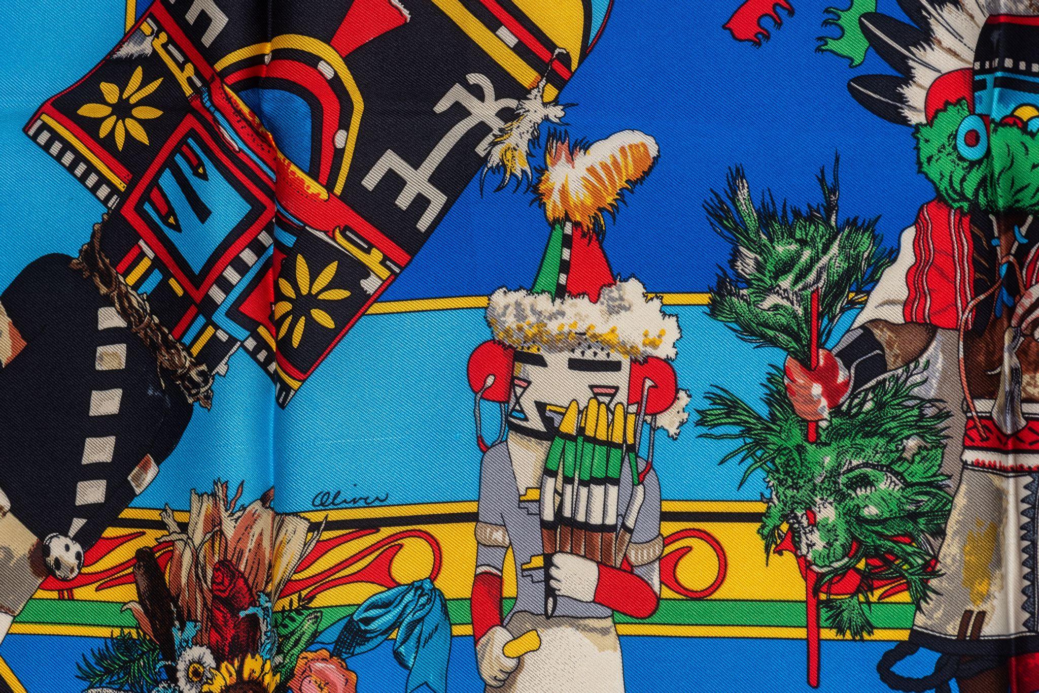 Hermes Rare Turquoise Kachinas Scarf For Sale 2