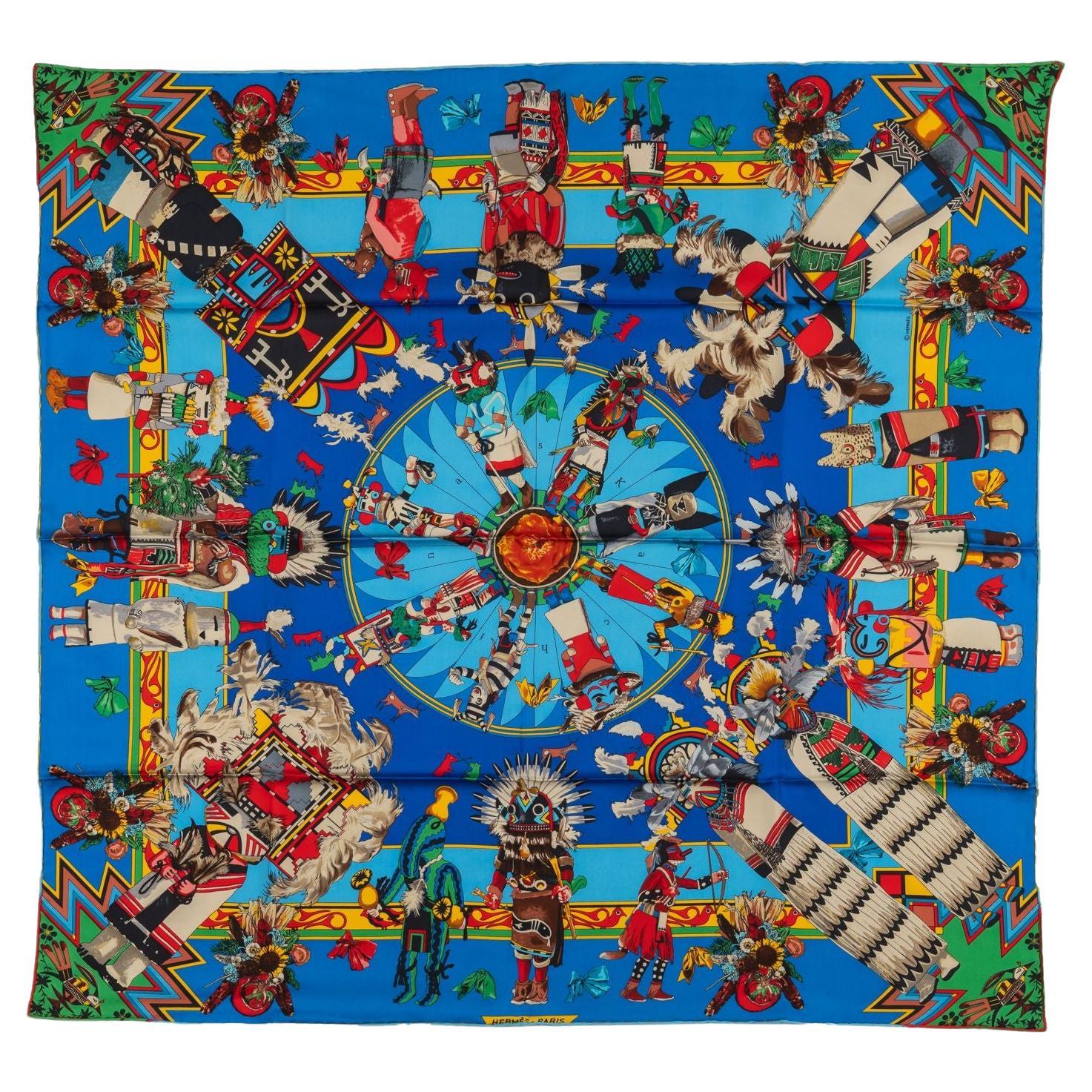 Hermes Rare Turquoise Kachinas Scarf For Sale
