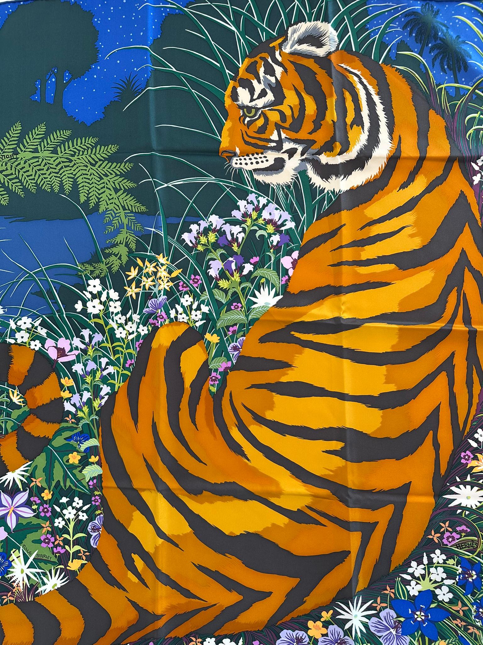 Black HERMES RARE TYGER TYGER Silk Twill Scarf Designed by Alice Shirley 90 With Box For Sale