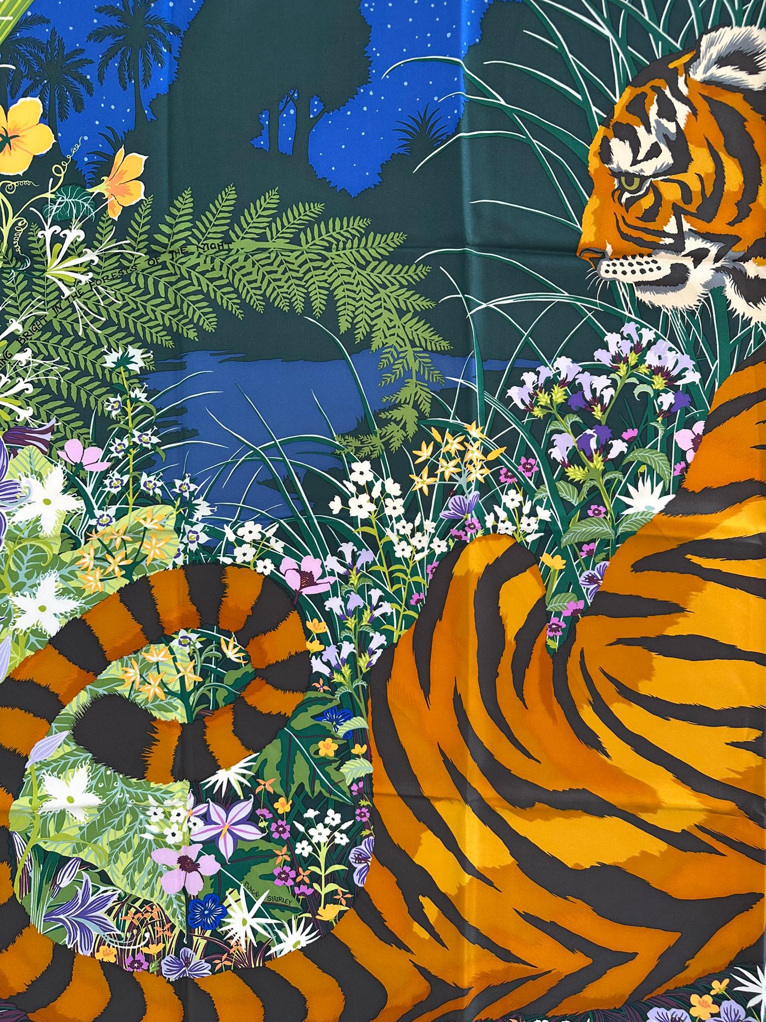 HERMES RARE TYGER TYGER Silk Twill Scarf Designed by Alice Shirley 90 With Box In Excellent Condition For Sale In West Palm Beach, FL