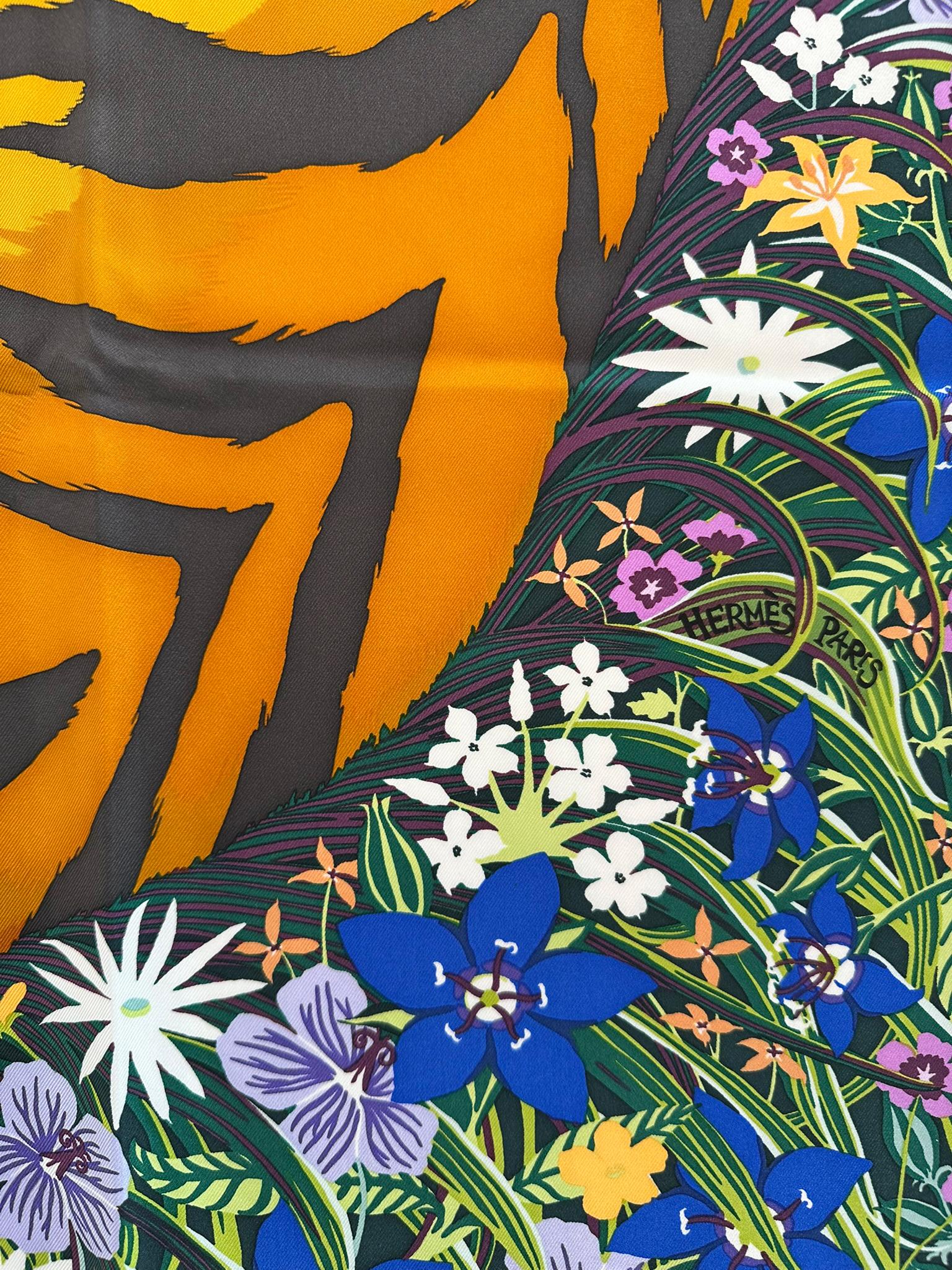 Women's or Men's HERMES RARE TYGER TYGER Silk Twill Scarf Designed by Alice Shirley 90 With Box For Sale