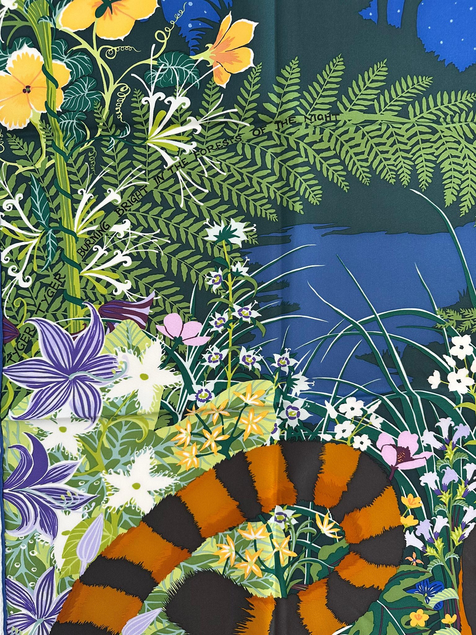 HERMES RARE TYGER TYGER Silk Twill Scarf Designed by Alice Shirley 90 With Box For Sale 1