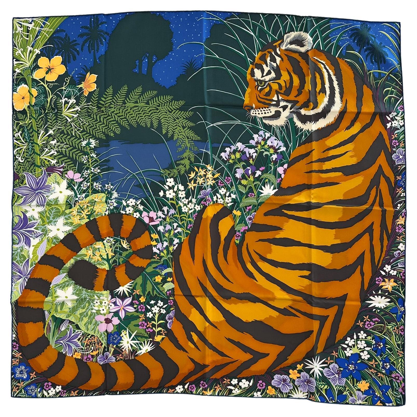 HERMES RARE TYGER TYGER Silk Twill Scarf Designed by Alice Shirley 90 With Box For Sale