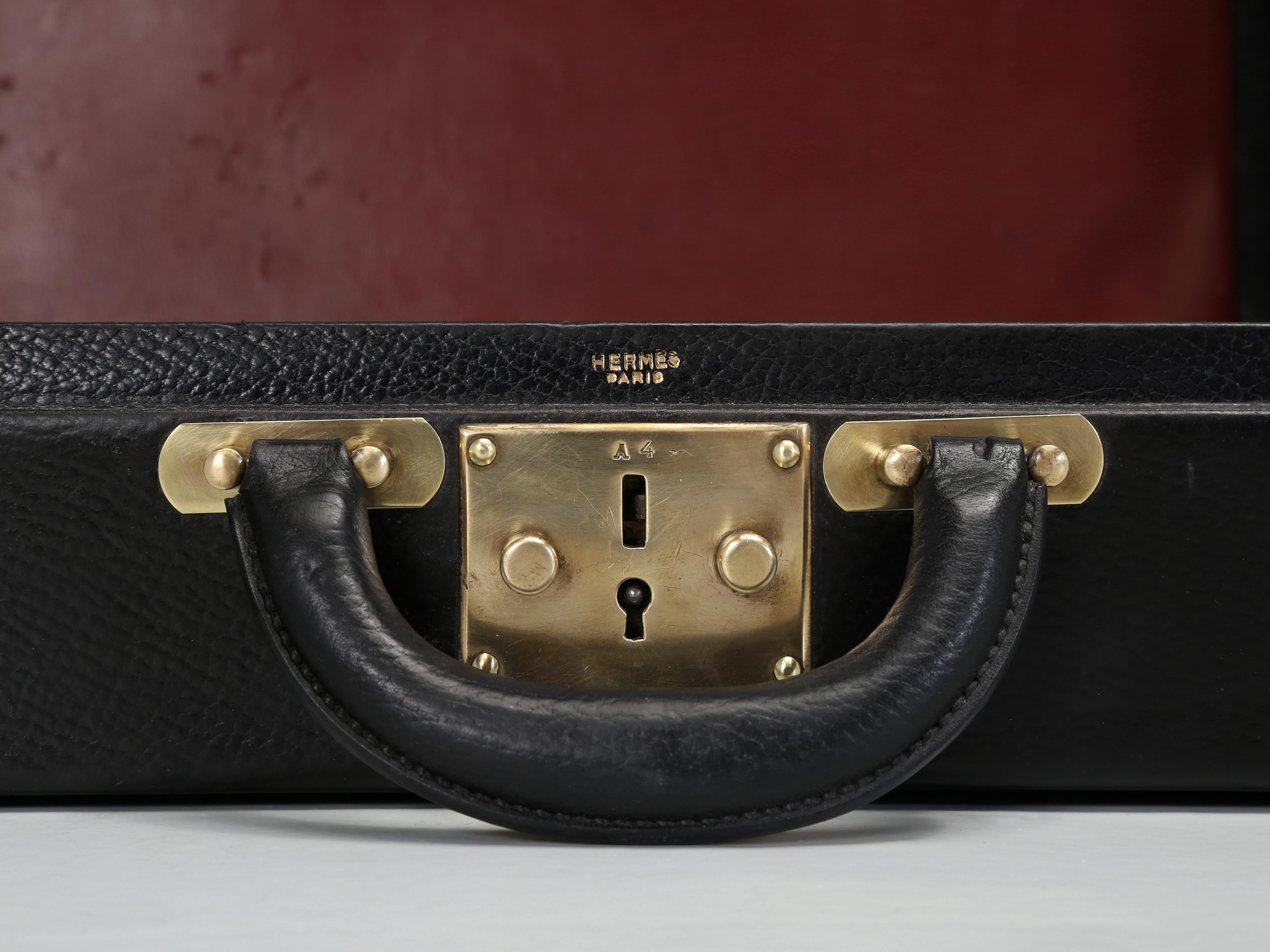 Hermès Rare Vintage Black Leather Briefcase Expandable with Straps, Original Key 6