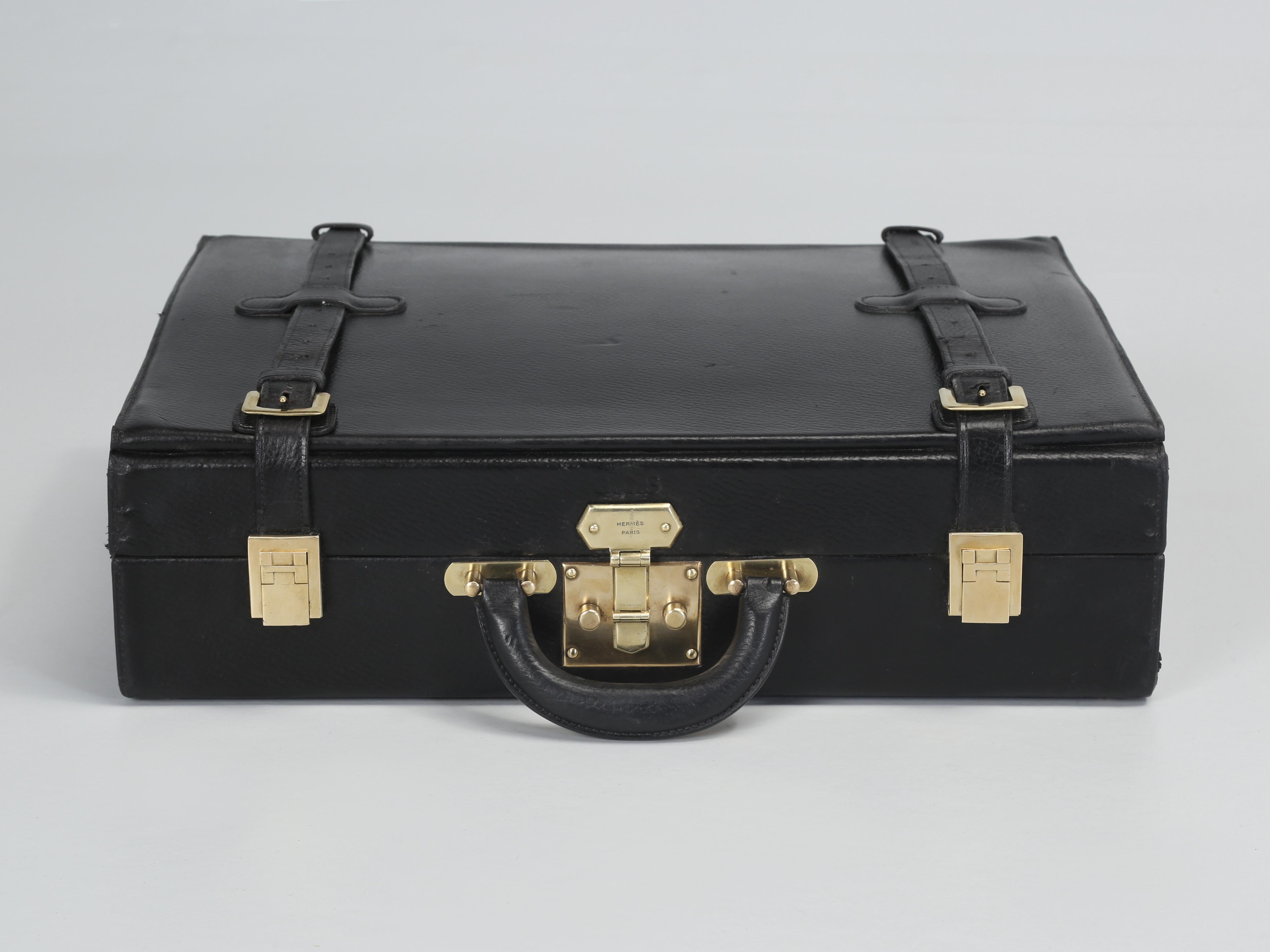 Hermès Rare Vintage Black Leather Briefcase Expandable with Straps, Original Key