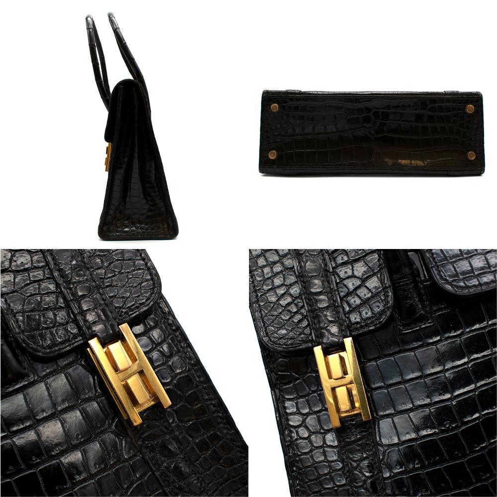 Black Hermes Rare Vintage Drag Bag in Lisse Niloticus Crocodile GHW  For Sale