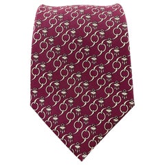 Vintage HERMES Raspberry Burgundy Interlock Geometric Tassel Print Silk Tie 7191 UA