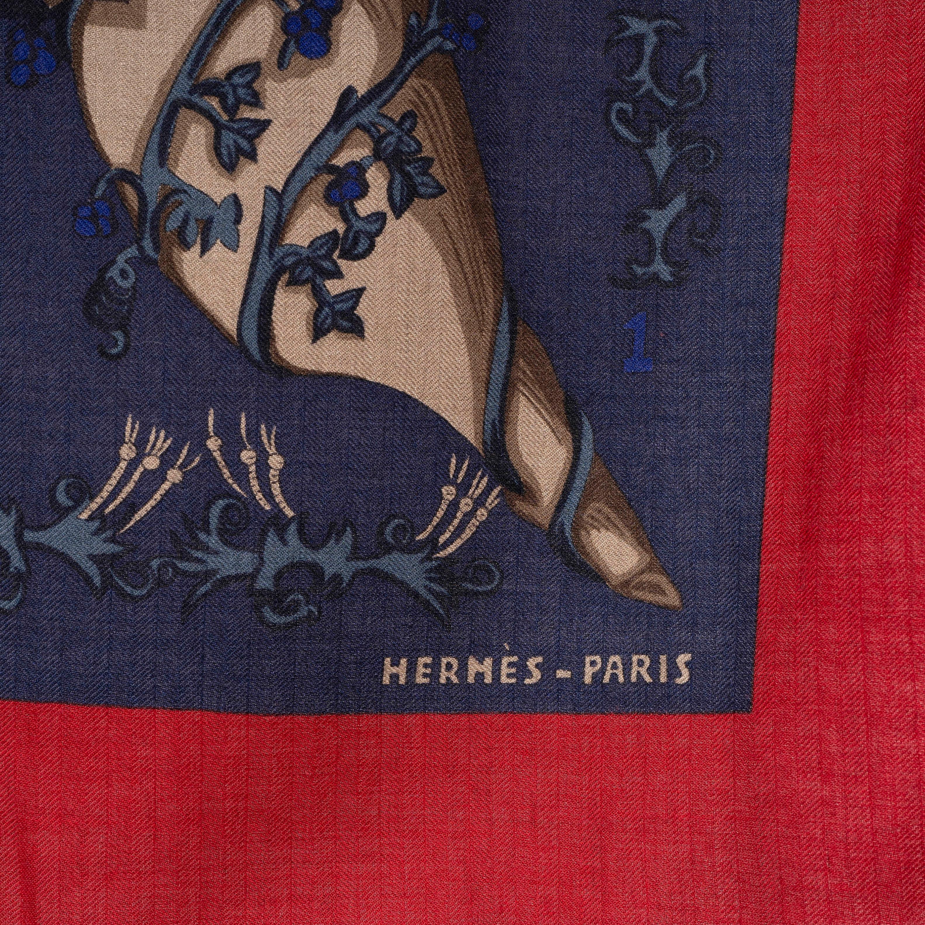 Brown HERMES raspberry LE TAROT 140 Cashmere Shawl Scarf