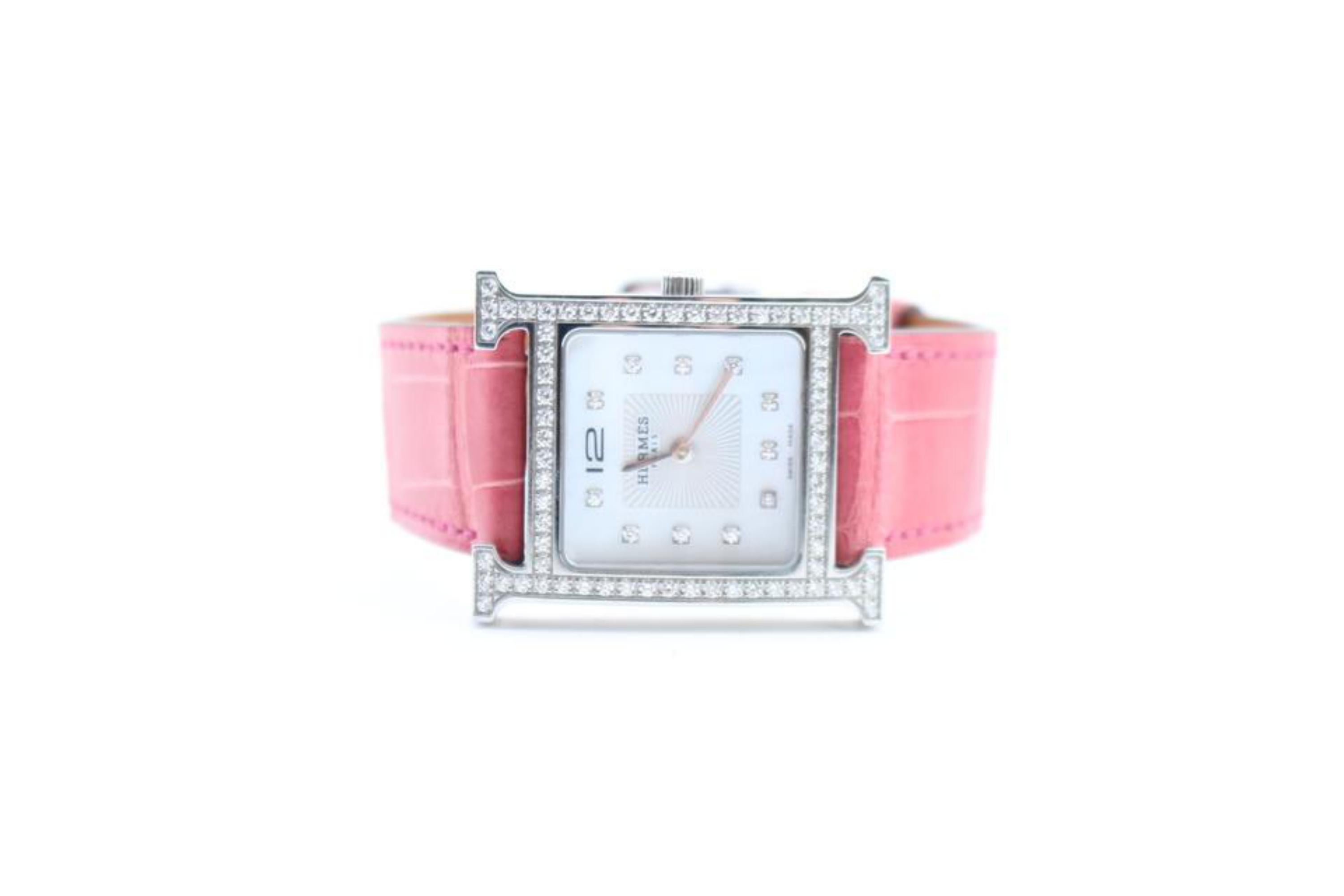 Hermès Raspberry X Silver 26mm H Alligator Diamond Hh1.530 ) 11hr0212 Watch For Sale 5