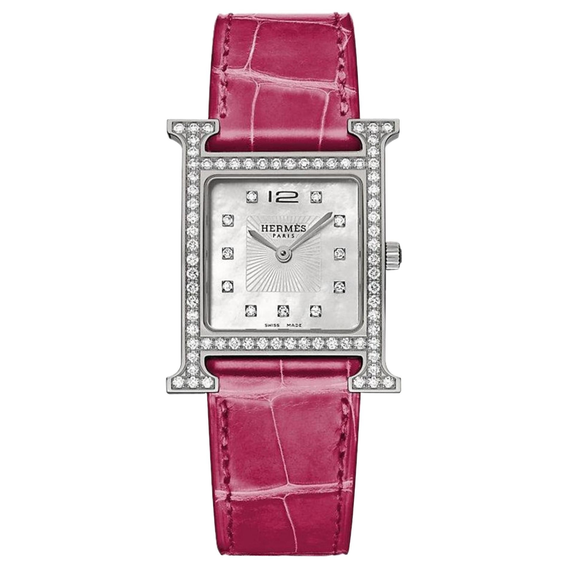 Hermès Raspberry X Silver 26mm H Alligator Diamond Hh1.530 ) 11hr0212 Watch For Sale