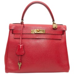 Hermes Red 1989 Courchevel Retourne Kelly Bag