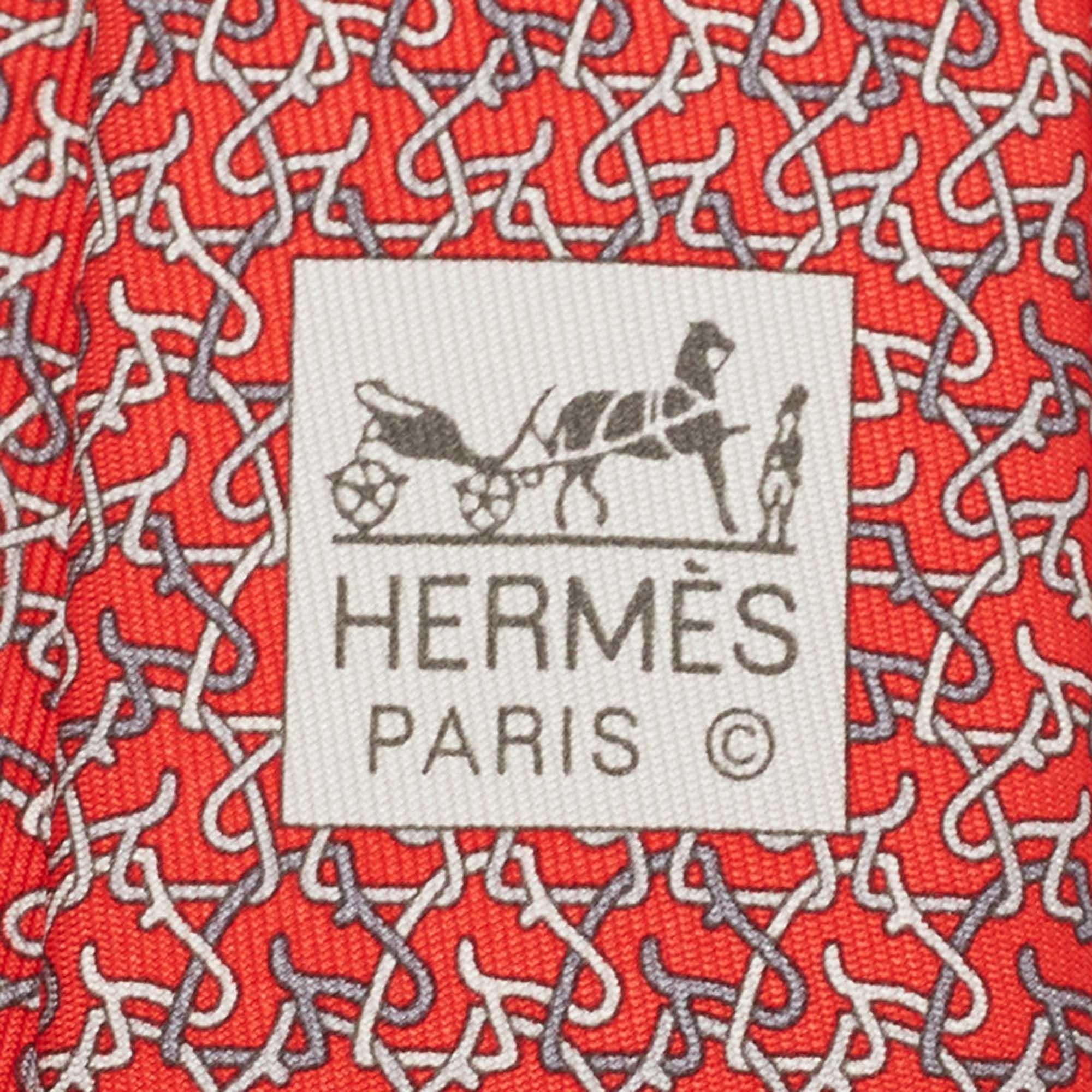 Men's Hermès Red 7 Chevrophile Printed Silk Slim Tie
