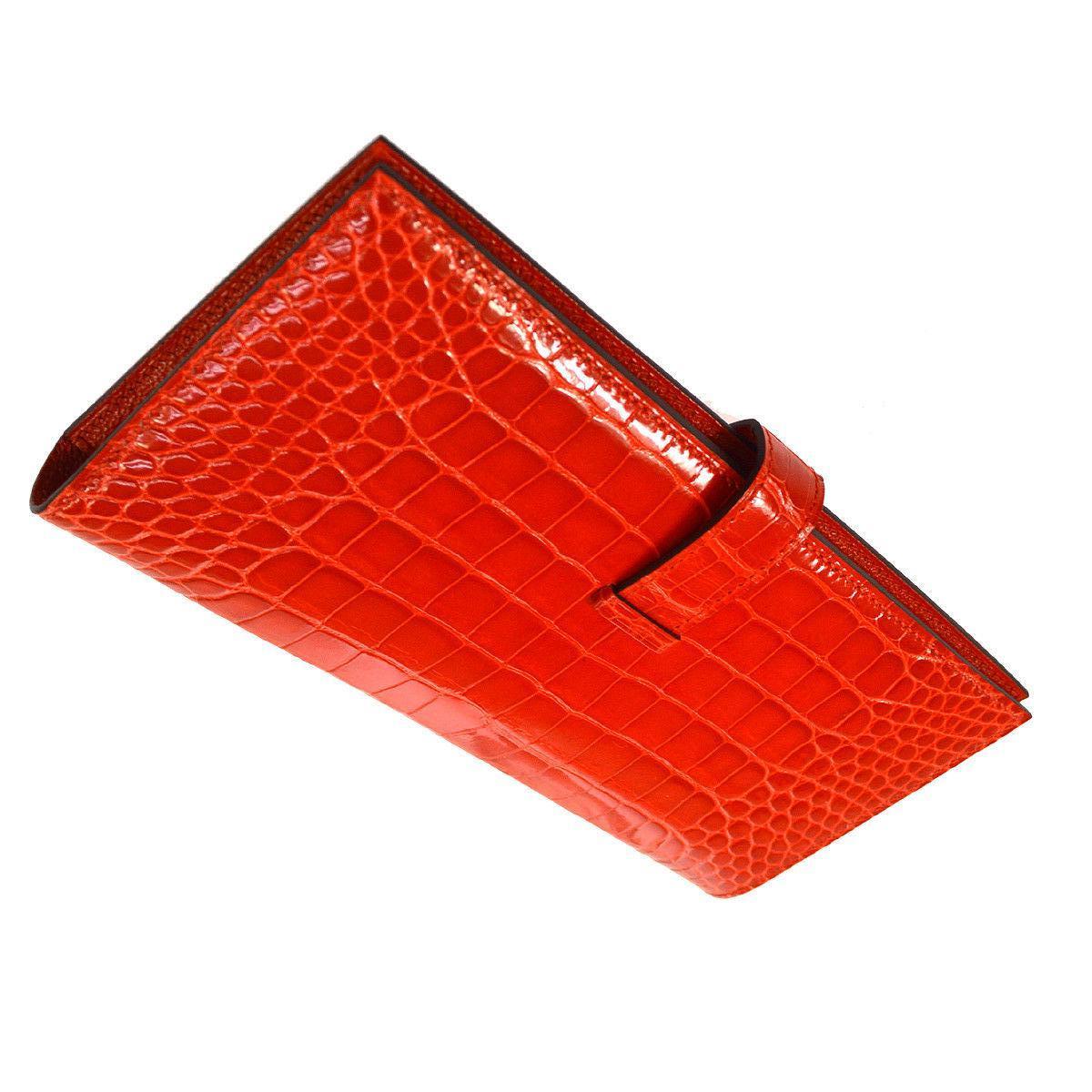 Red Hermes Alligator Exotic Leather 'H' Logo Gold Evening Clutch Wallet Bag in Box