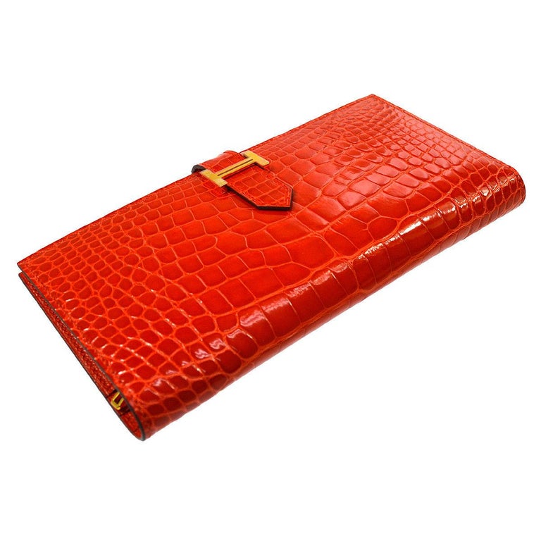 Hermes Alligator Exotic Leather 'H' Logo Gold Evening Clutch Wallet Bag