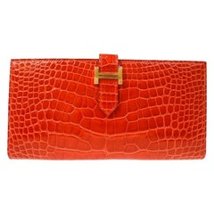 Hermes Alligator Exotic Leather 'H' Logo Gold Evening Clutch Wallet Bag in Box