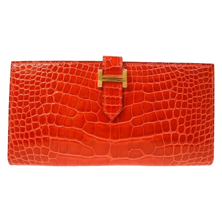 Hermes Alligator Exotic Leather 'H' Logo Gold Evening Clutch Wallet Bag