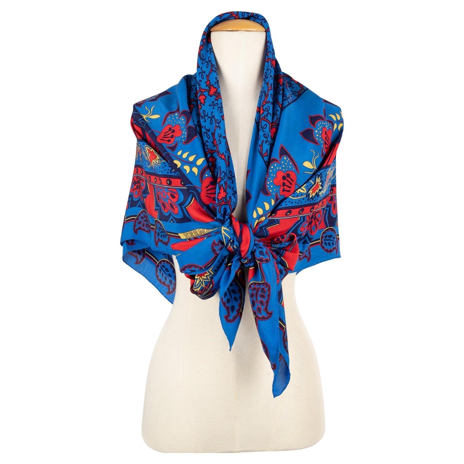 Hermès Red and Blue Silk Foulard with the "Treille Et Muscade" Theme, 1990 For Sale