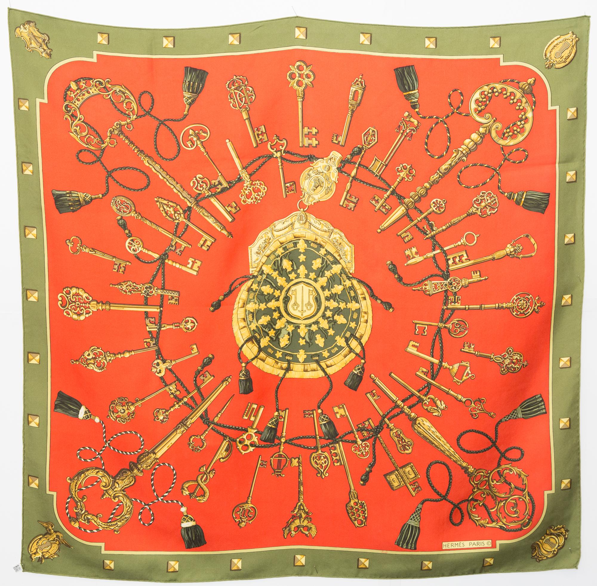 Hermes Red and Green Les Clefs by Cathy Latham Silk Scarf 1