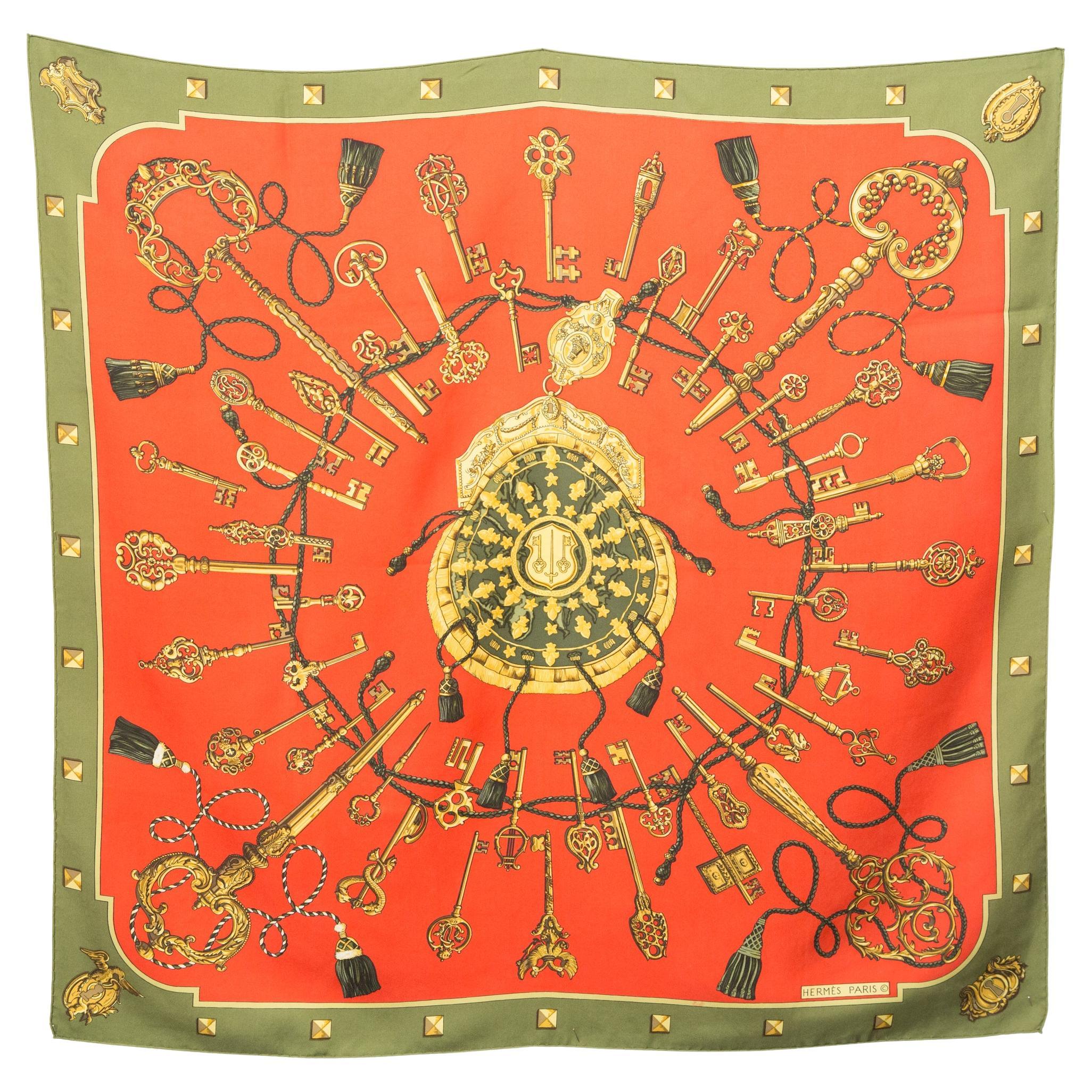 Hermes Red and Green Les Clefs by Cathy Latham Silk Scarf