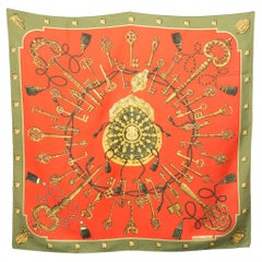 Hermes Red and Green Les Clefs by Cathy Latham Silk Scarf