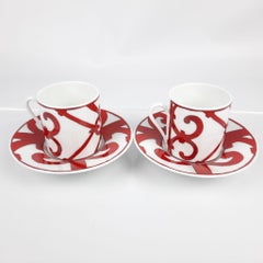 Hermes Red and White Balcon Du Guadalquivir Coffee Cup and Saucer Sets of 2