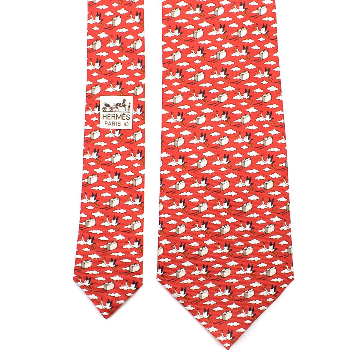Hermes Red Bird Express Silk Tie In New Condition In London, GB