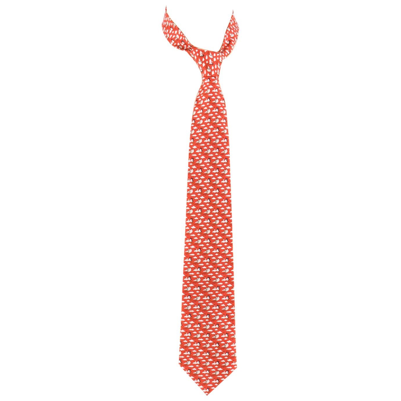 Hermes Red Bird Express Silk Tie