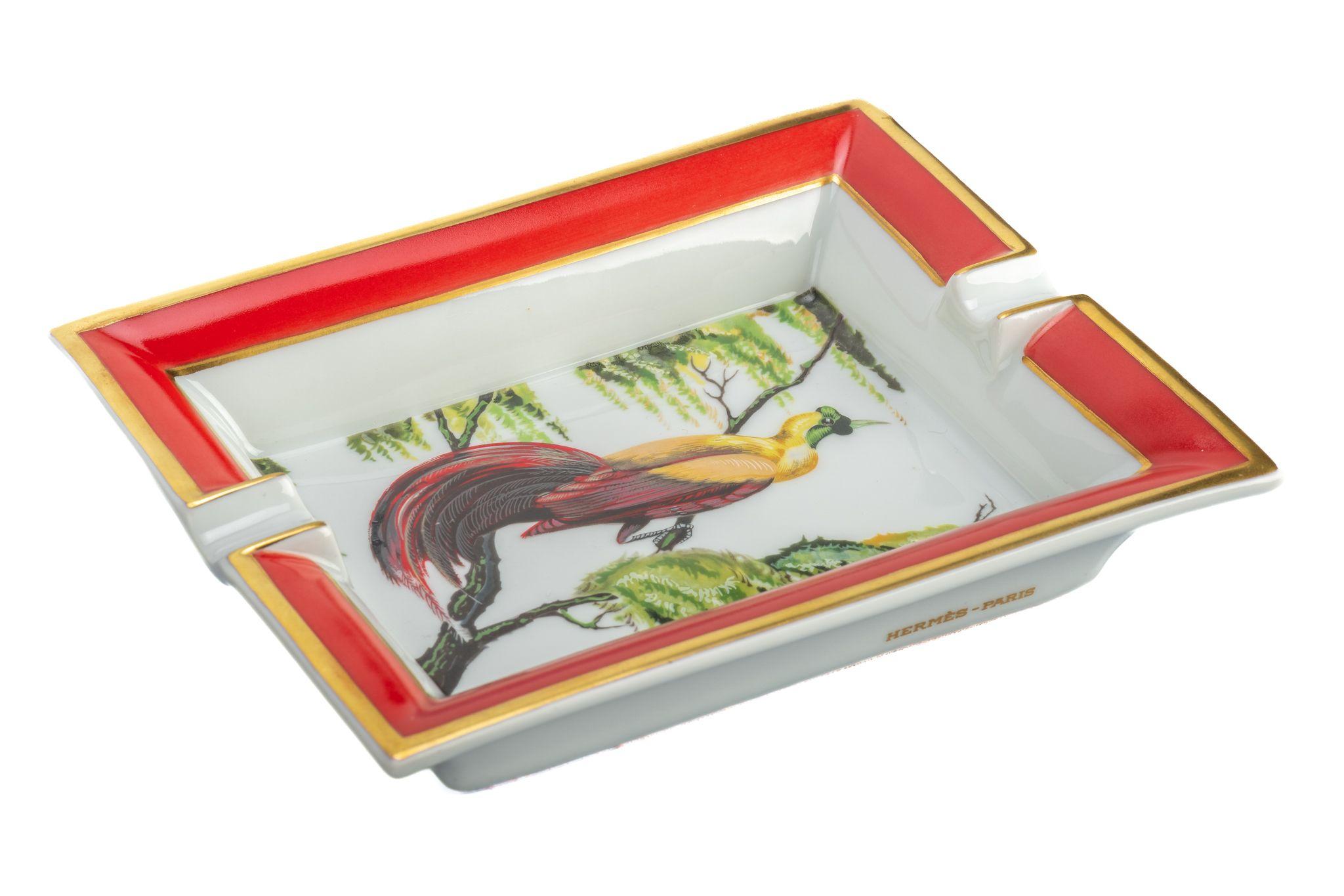 Hermes red, green, white and gold porcelain ashtray with bird design