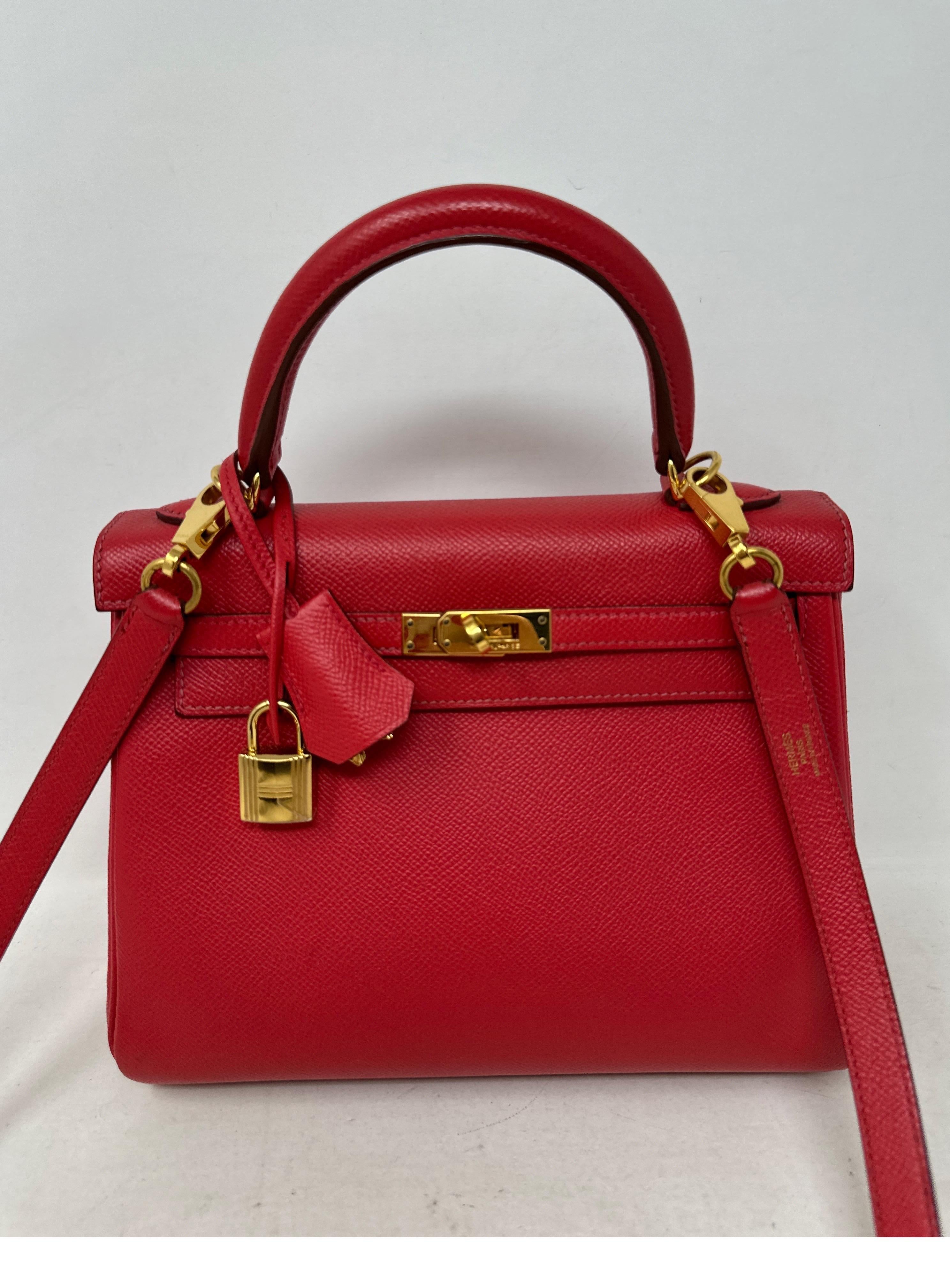 Hermes Red Birkin 25 Bag. Rare small size 25 Kelly.  Epsom leather with gold hardware. Interior clean. Good condition. Collector's piece. Great evening bag or everyday. Includes clochette, lock, keys, and dust bag. Guaranteed authentic. 