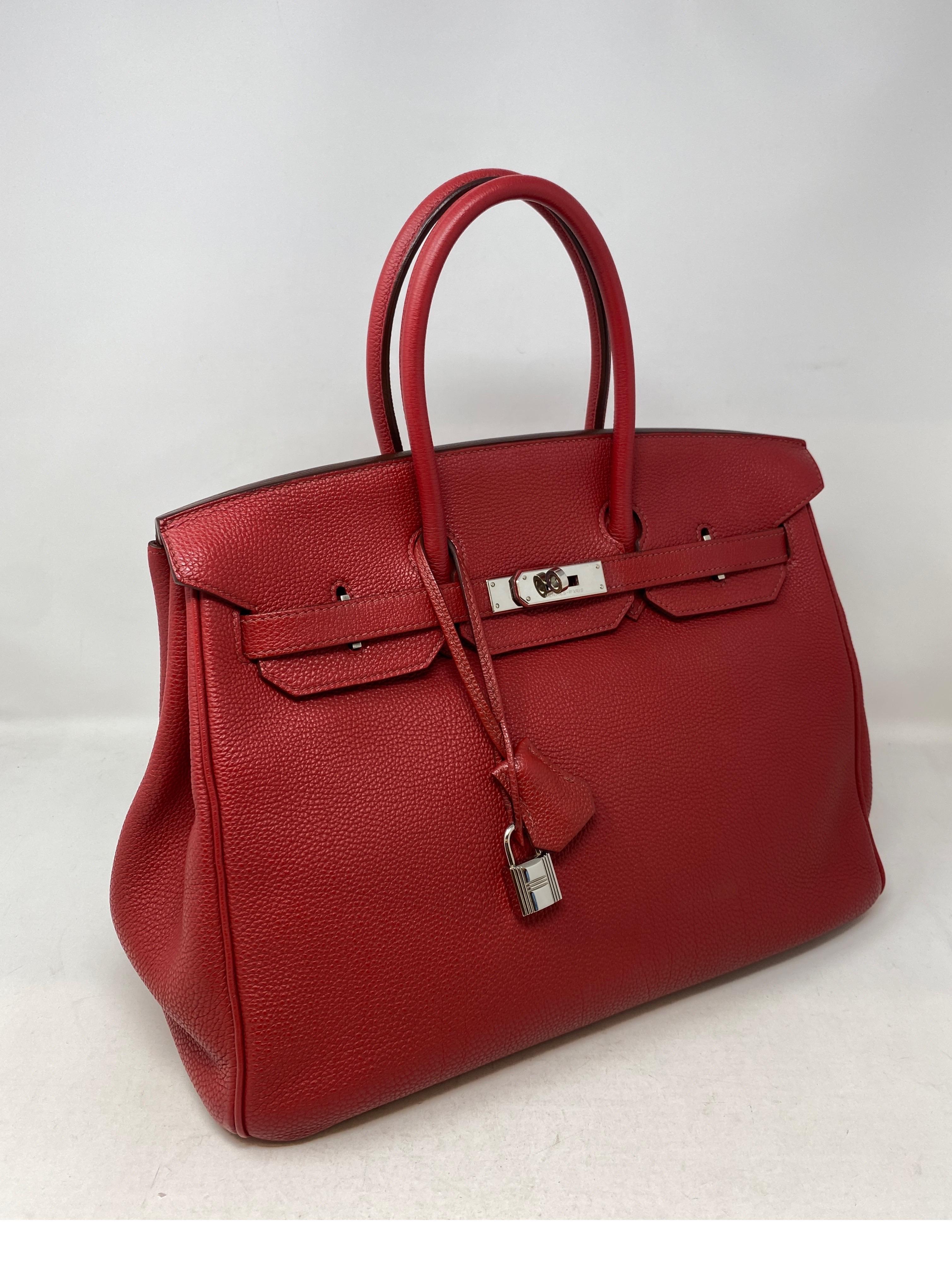 Hermes Red Rouge Garance Birkin 35 Bag. Palladium hardware. Good condition. Togo leather. Includes clochette, lock, keys, and dust cover. Guaranteed authentic. 