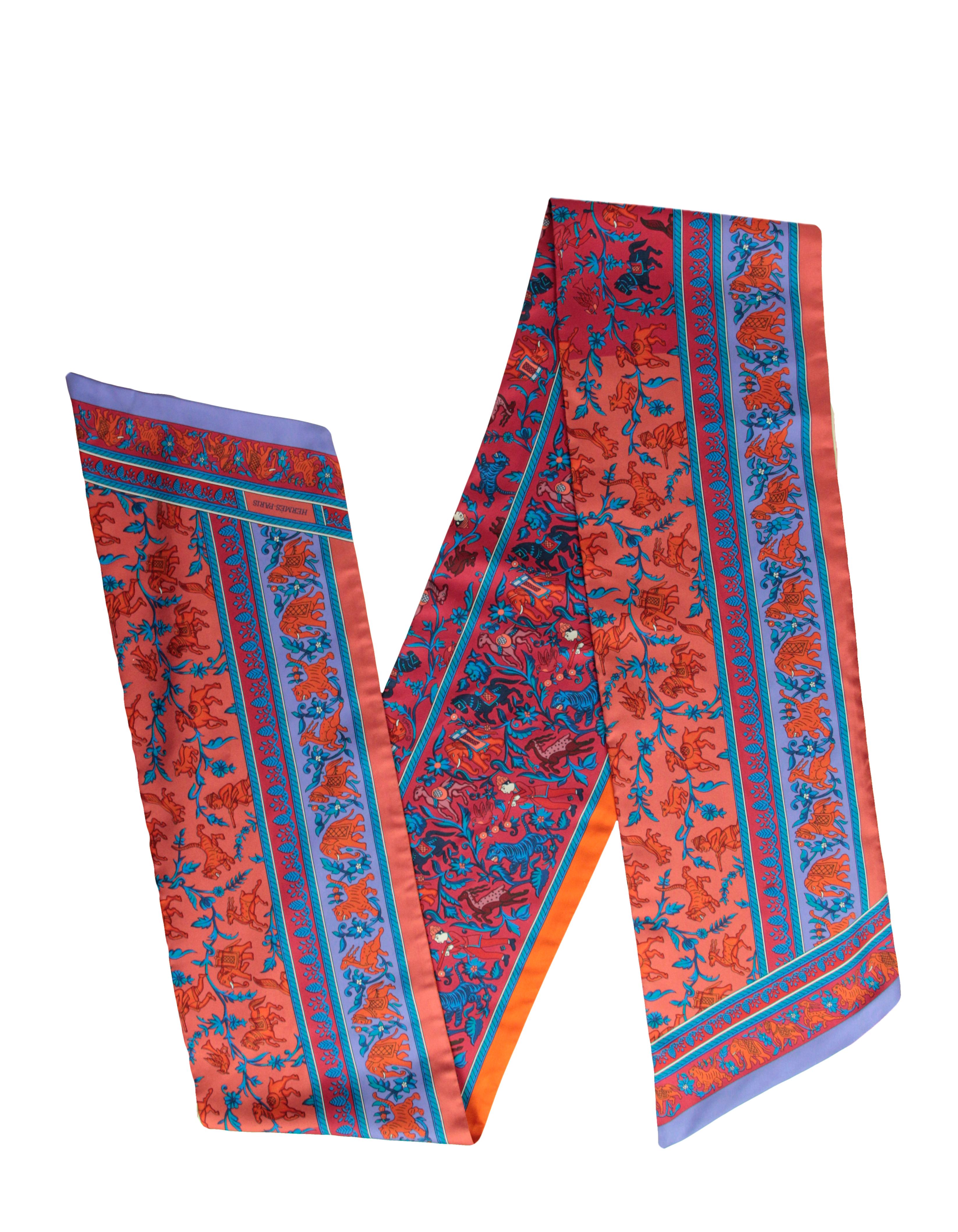 Hermes Red/ Blue Chasse en Inde (Hunt in India) Silk Maxi Twilly Scarf 1