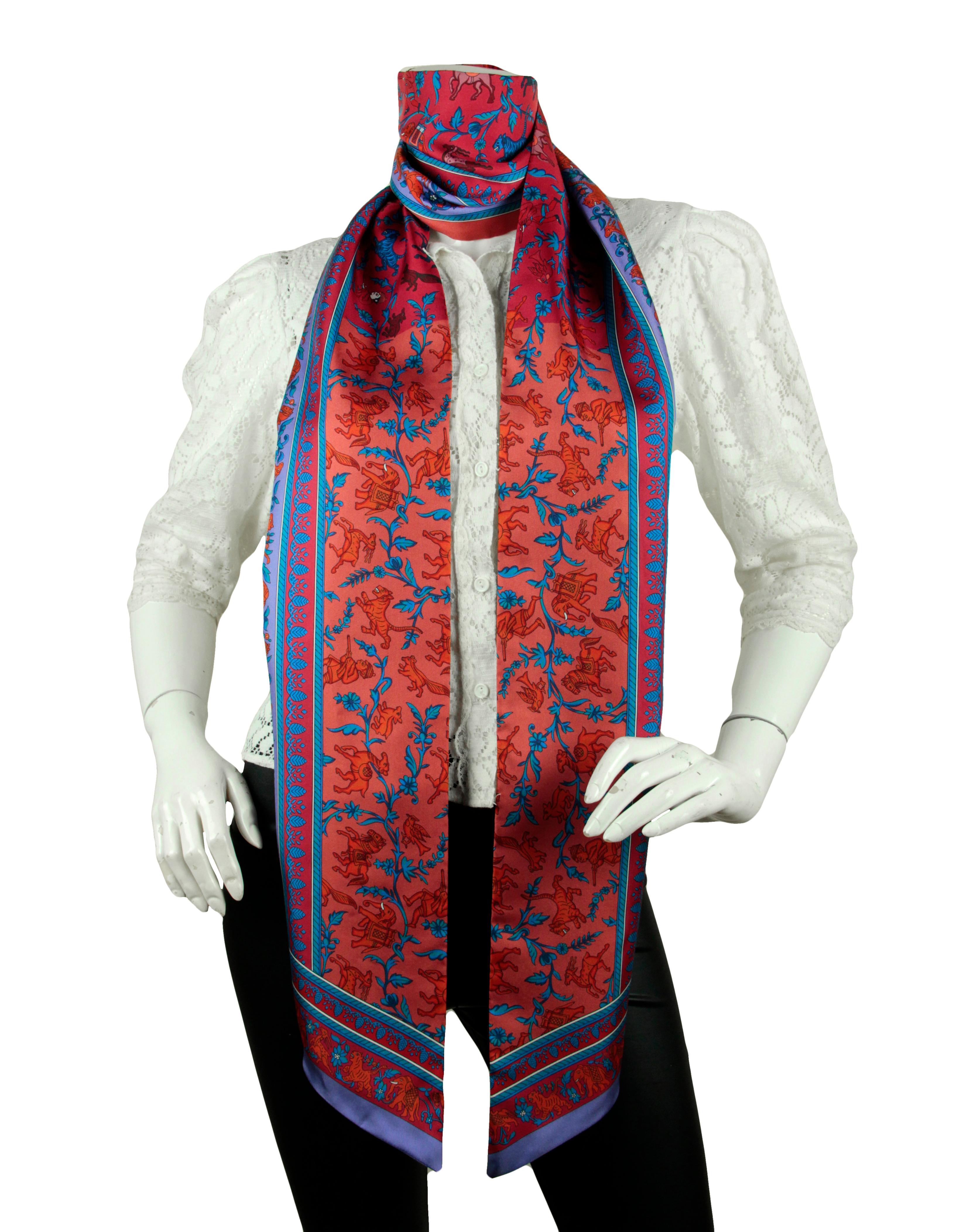 Hermes Red/ Blue Chasse en Inde (Hunt in India) Silk Maxi Twilly Scarf 2