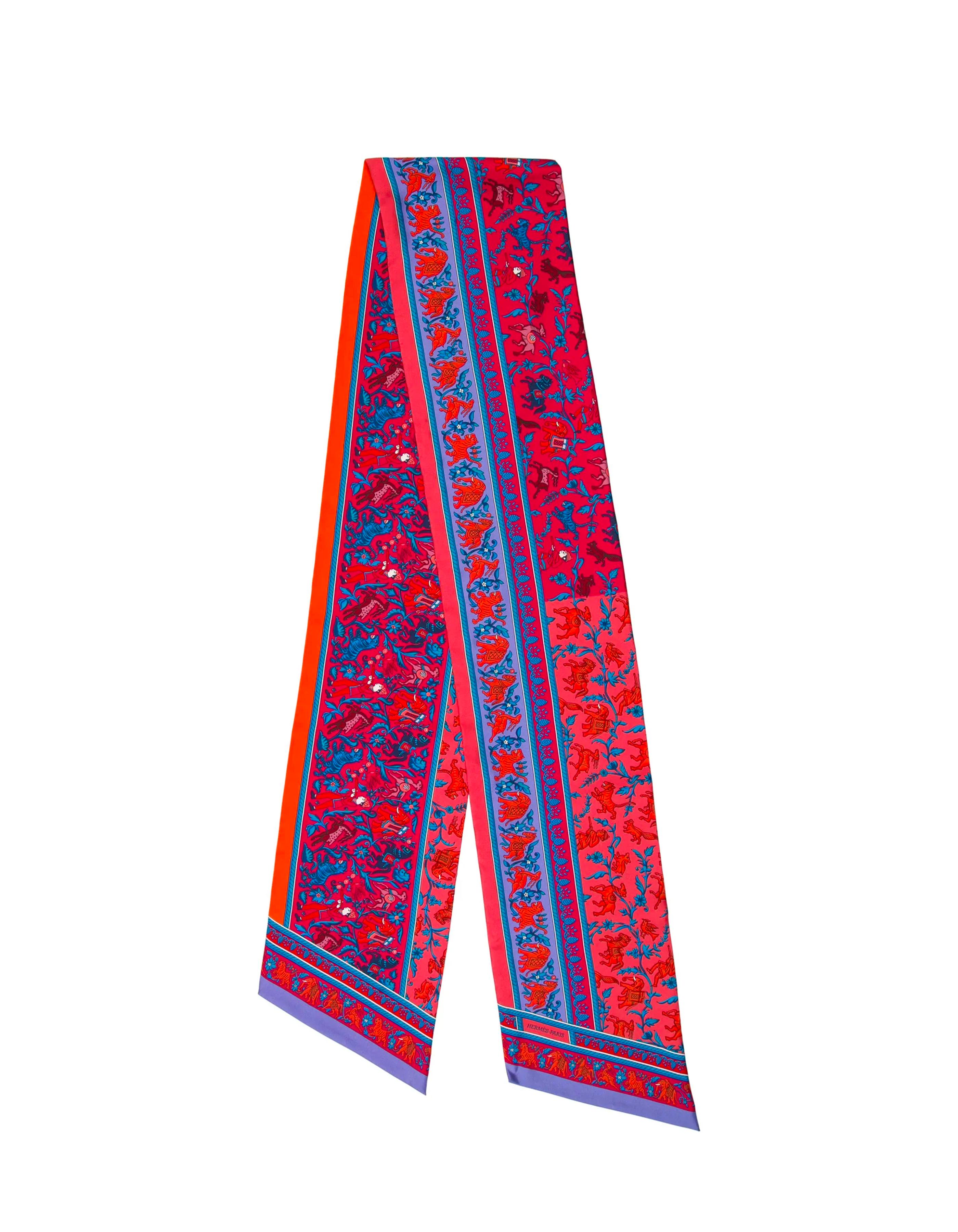 Hermes Red/ Blue Chasse en Inde (Hunt in India) Silk Maxi Twilly Scarf 3