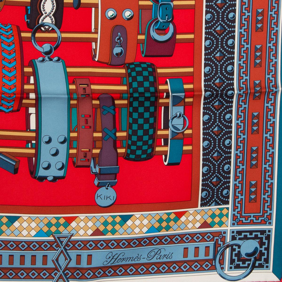 Hermes rot blau COLLIER DE CHIENS 90 Seidenköperschal für Damen oder Herren