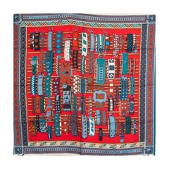 Hermes red blue COLLIER DE CHIENS 90 silk twill Scarf