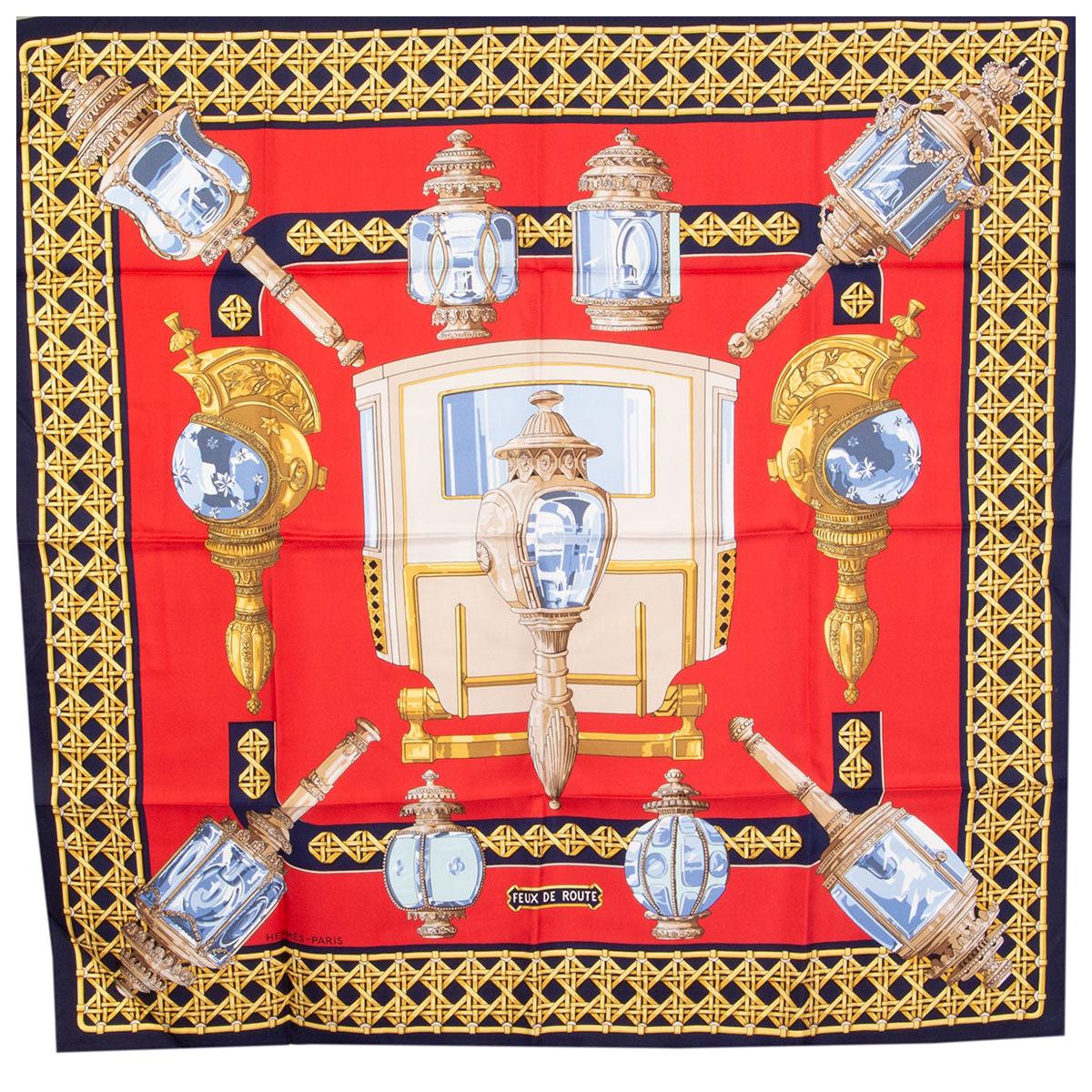 Hermes red & blue FEUX DE ROUTE 90 silk twill Scarf For Sale