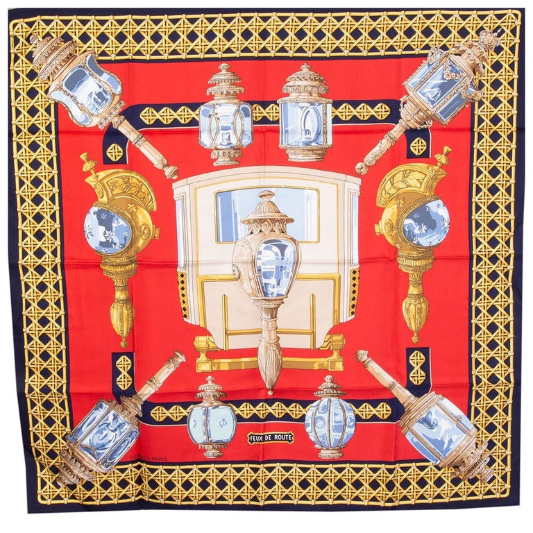 Hermes red and blue FEUX DE ROUTE 90 silk twill Scarf For Sale at 1stDibs |  hermes feux de route