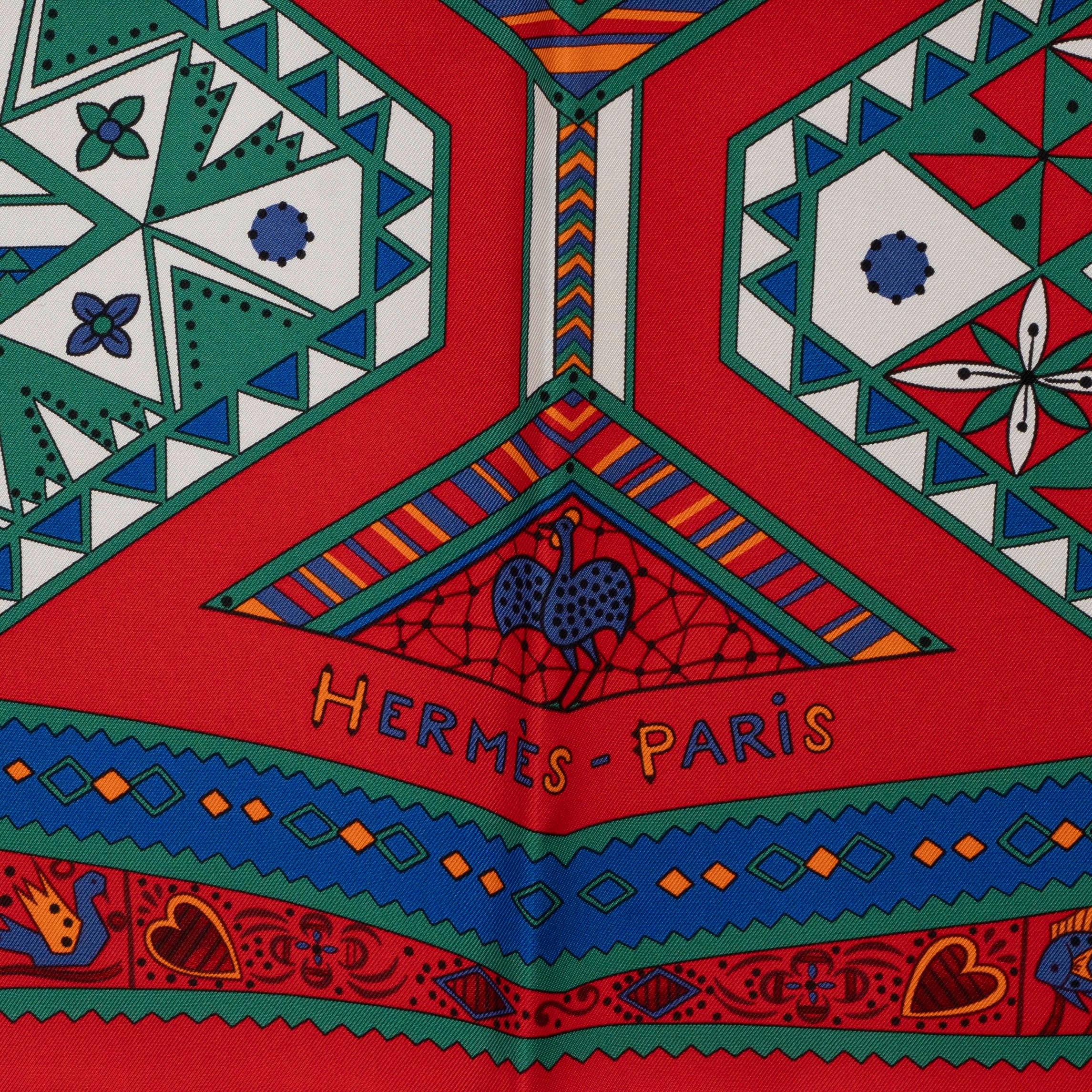 Red HERMES red blue silk ORS BLEUS D'AFRIQUE 90 Twill Scarf For Sale