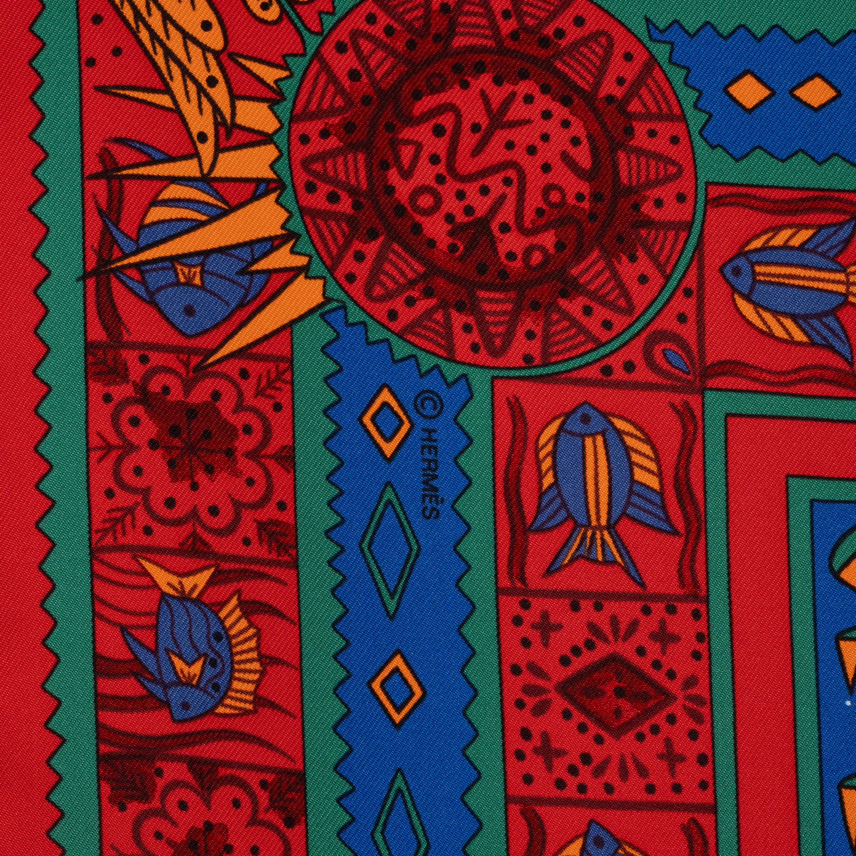 HERMES red blue silk ORS BLEUS D'AFRIQUE 90 Twill Scarf In Excellent Condition For Sale In Zürich, CH