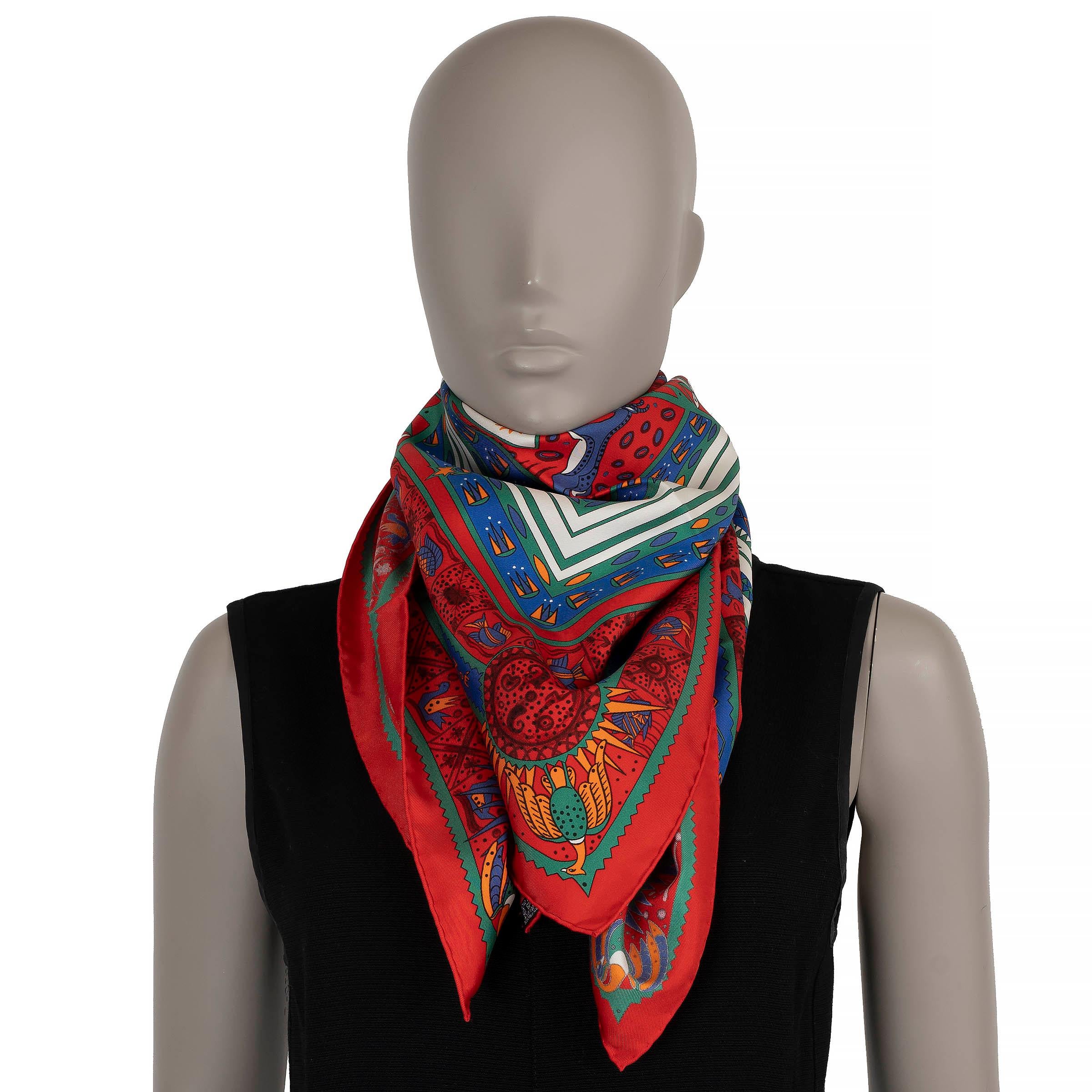 HERMES red blue silk ORS BLEUS D'AFRIQUE 90 Twill Scarf For Sale 1