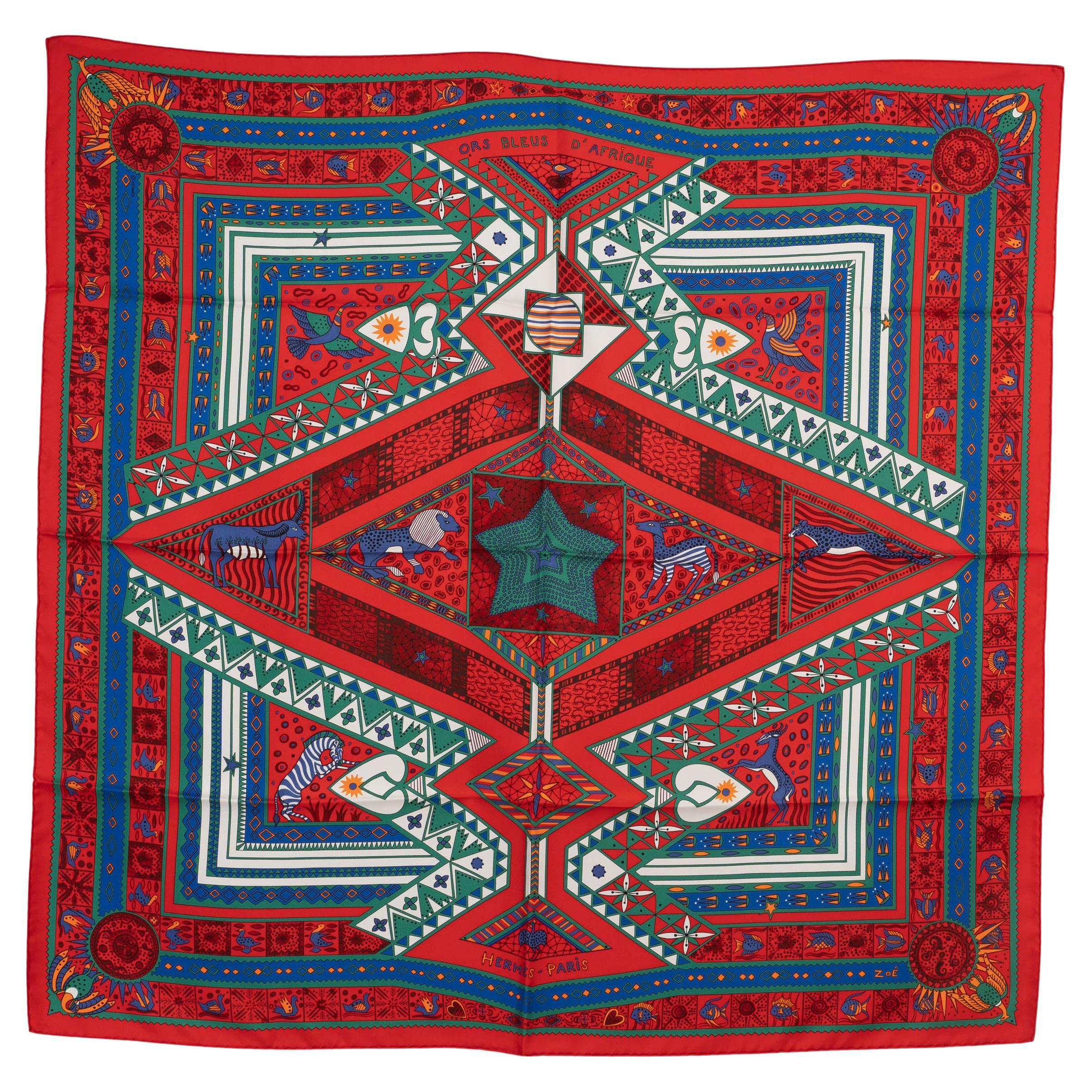 HERMES rot blaue Seide ORS BLEUS D'AFRIQUE 90 Twill-Schal