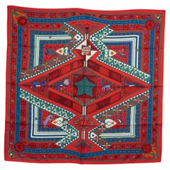 Bufanda de sarga HERMES rojo azul seda ORS BLEUS D'AFRIQUE 90