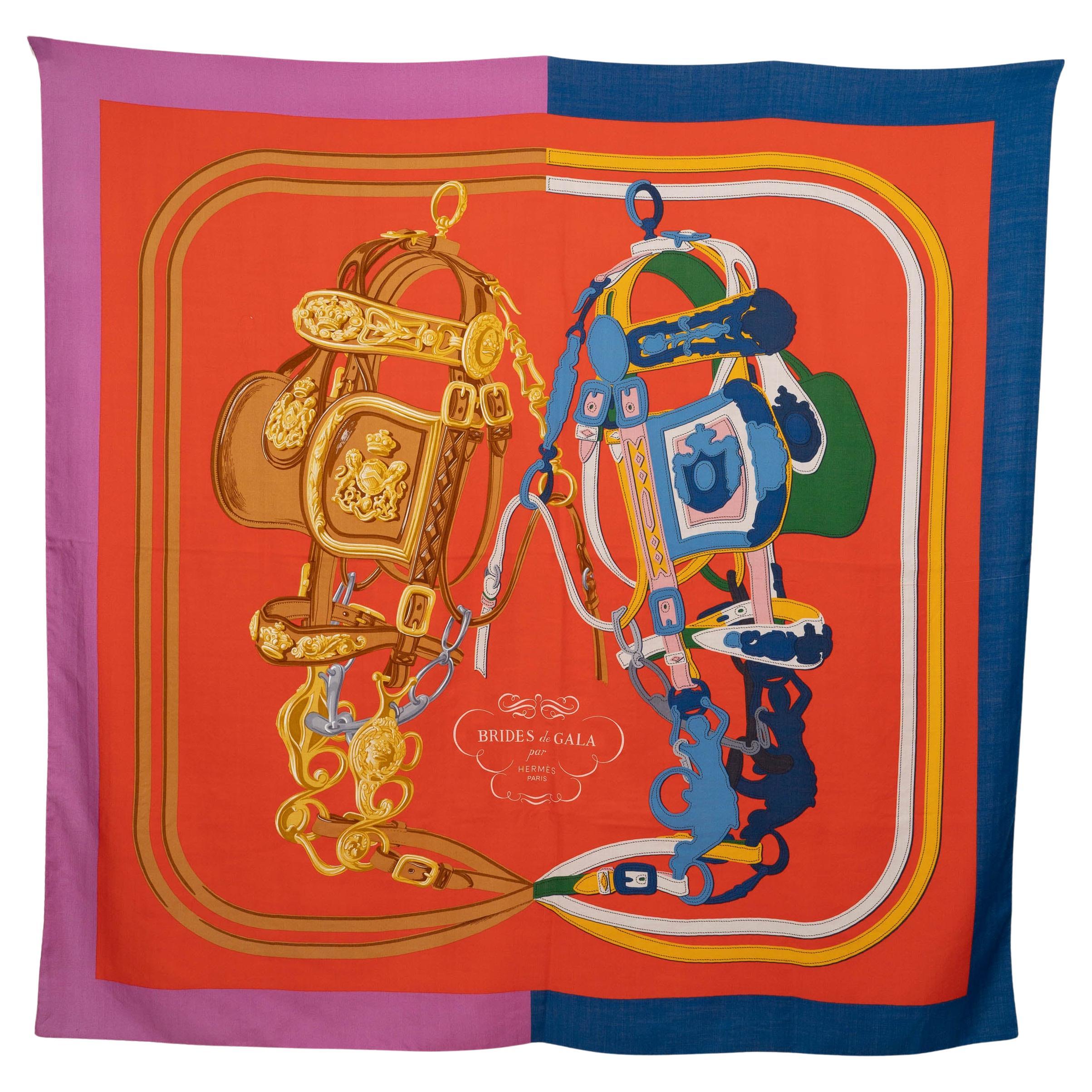 HERMES red BRIDES DE GALA APPLIQE PIQUE 140 Cashmere Shawl Scarf Cyclamen Rouge For Sale