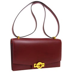 Hermes Red Burgundy Leather Buckle Kelly Style Top Handle Shoulder Flap Bag