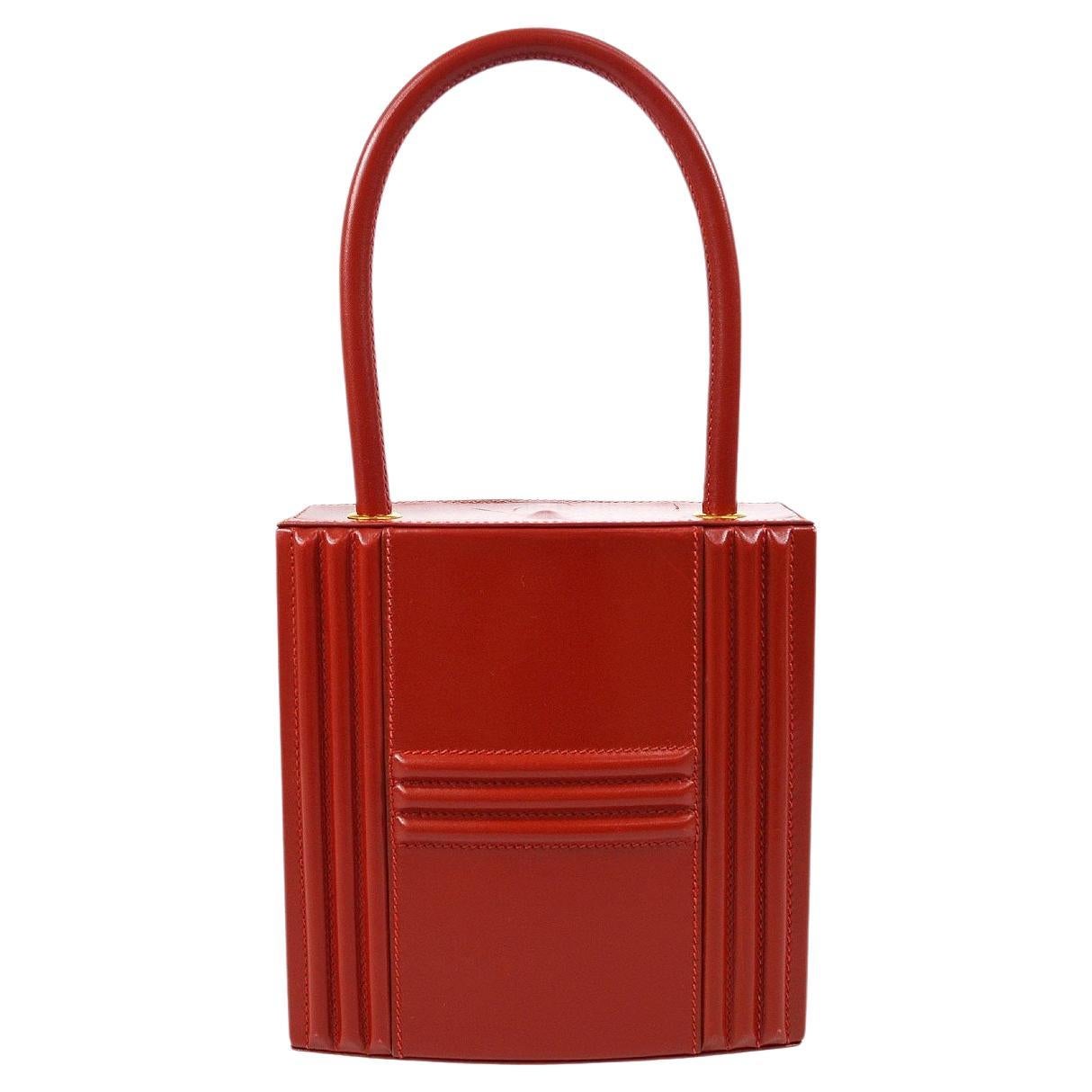 HERMES Red Cadena Kelly Box Calf Leather Gold Hardware Top Handle Evening Bag
